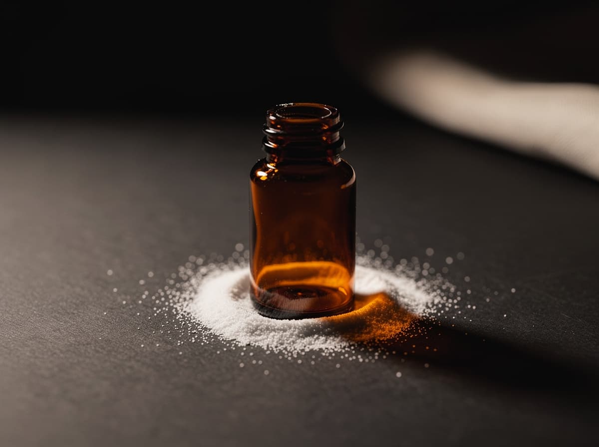 Macro photograph of an amber glass vial with white capsule powder catching warm side light on a plain dark surface