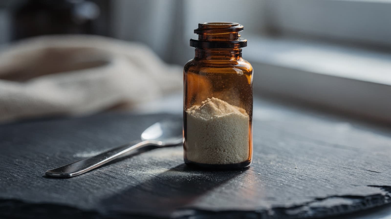 Amber glass vial of 5-Amino-1MQ research powder on a dark slate bench beside a steel spatula, lit by soft cool window light