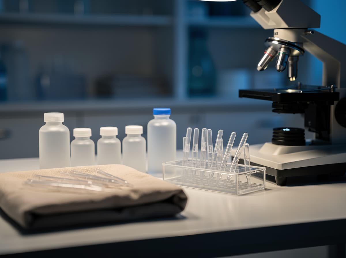 Research lab bench with small clear glass vials, a rack of pipette tips and a microscope under soft blue-white light
