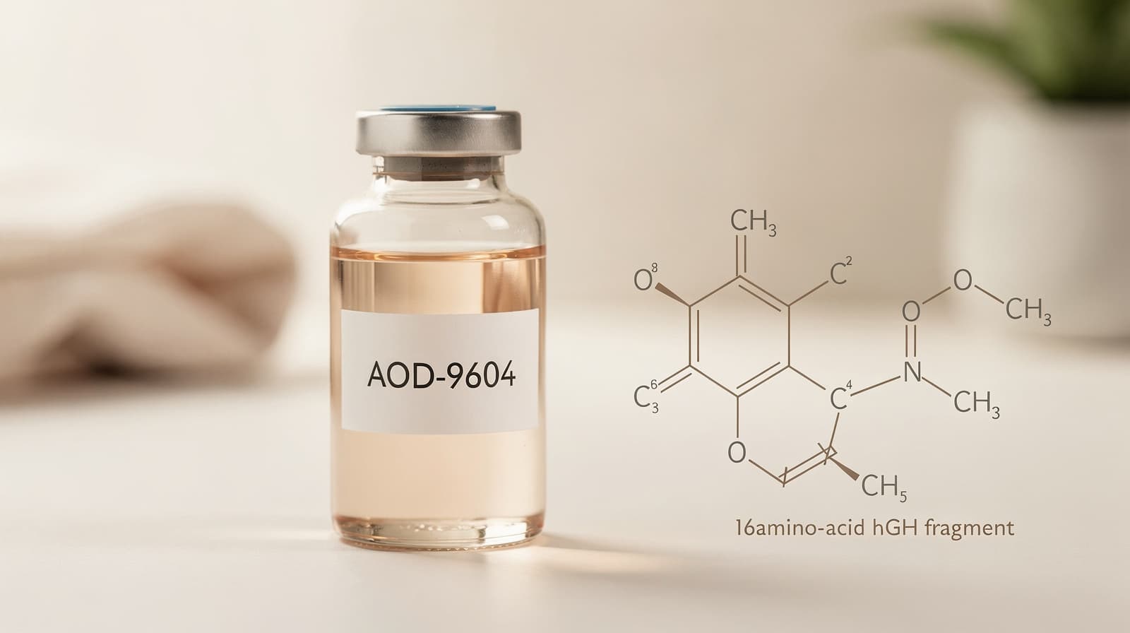 Laboratorieflaske merket AOD-9604 ved siden av molekylstrukturdiagram av det 16-aminosyre lange hGH-fragmentet