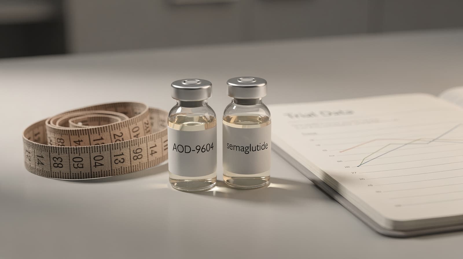 To merkede hetteglass som representerer AOD-9604 og semaglutid på en klinisk overflate ved siden av målebånd og notatbok med studiedata.