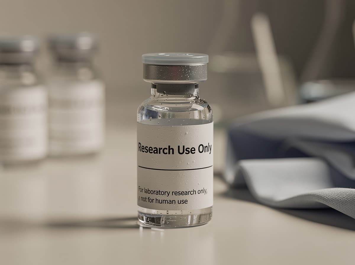 Research-grade peptide vial with research use only labelling, photographed in a controlled laboratory setting.