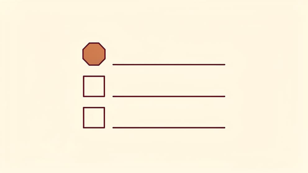 Minimal line-art of an abstract checklist with one item marked as a stop sign, on cream paper with a single copper accent