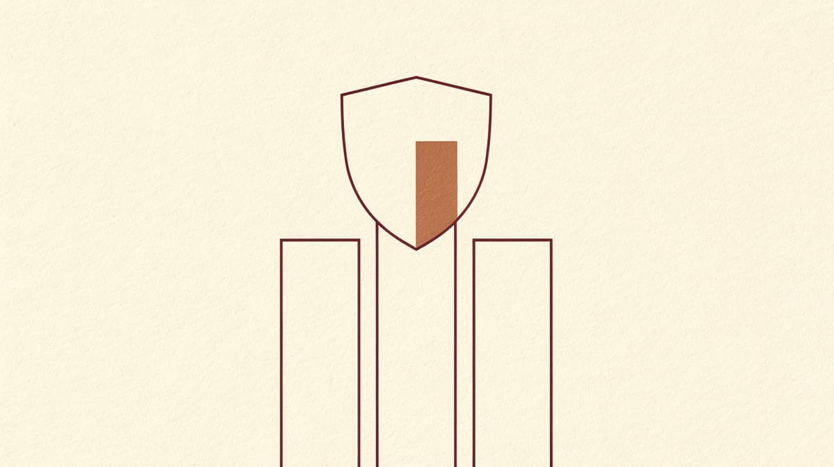 Editorial line-art of a shield over three abstract peptide-category zones on cream paper with a single copper accent