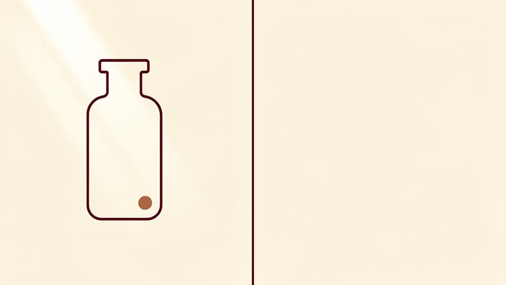 Minimal editorial illustration of a Norwegian regulatory boundary with an abstract vial silhouette and a single copper accent line on cream