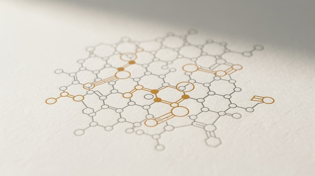 Abstract molecular lattice with warm amber benzyl-alcohol accents on off-white paper, editorial line-art, architectural style