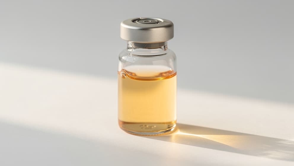 Macro product detail of a single closed glass laboratory vial with silver crimp cap and pale amber liquid on off-white seamless backdrop