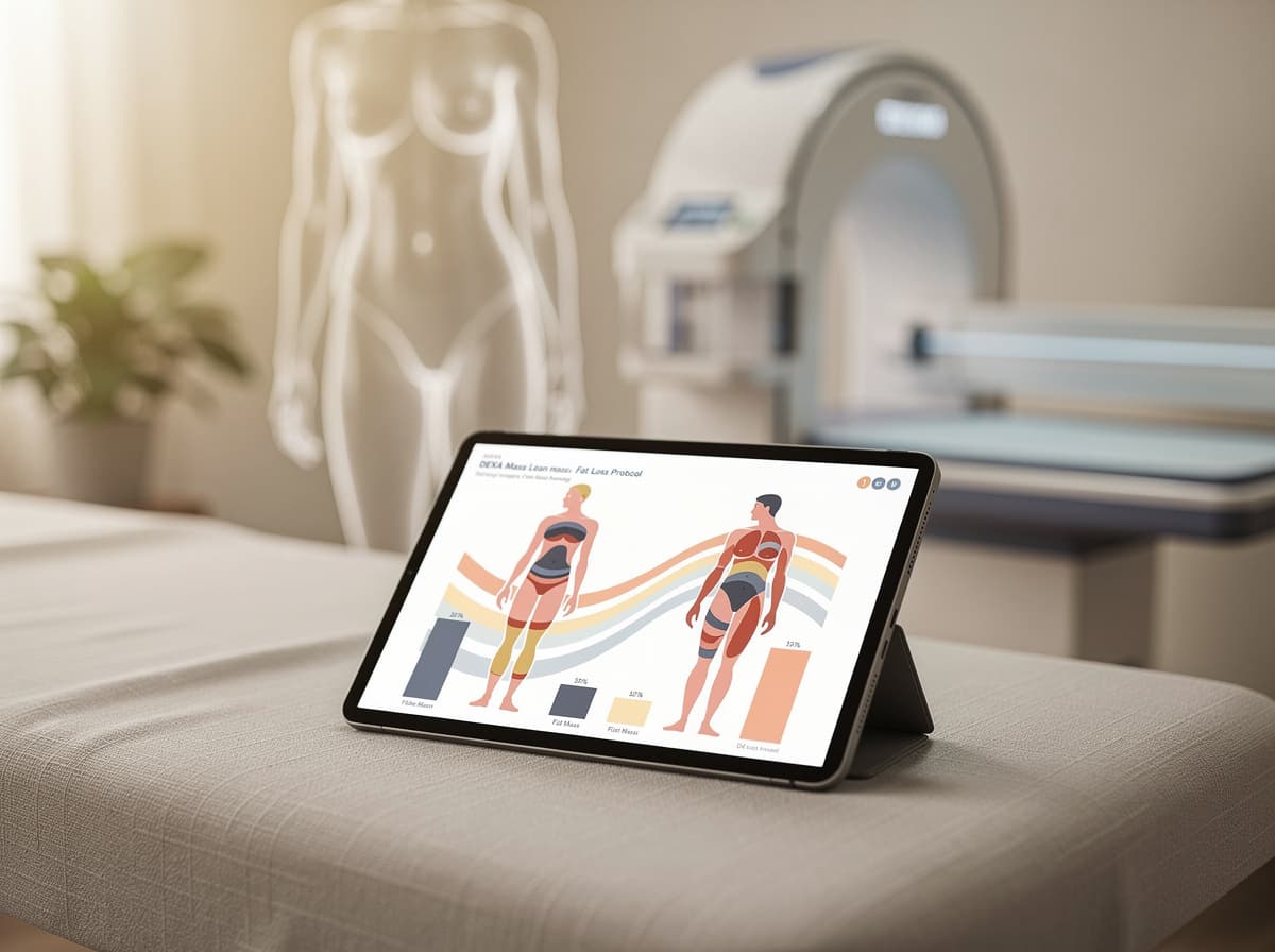 DEXA scan body composition report showing fat mass and lean mass changes over a fat loss protocol.