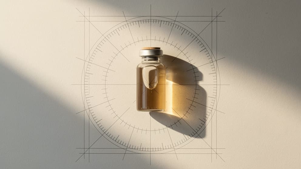 En 1 mL insulinsprøyte med synlige volummarkeringer lagt ved siden av et lukket 5 mg laboratorieglass med blekt amber væske, varm gråhvit bakgrunn, redaksjonell stilleben