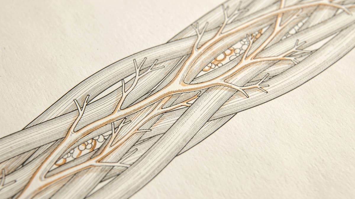 Scientific illustration of tendon collagen fibers with amber capillary branches growing through the tissue, warm off-white backdrop, editorial style