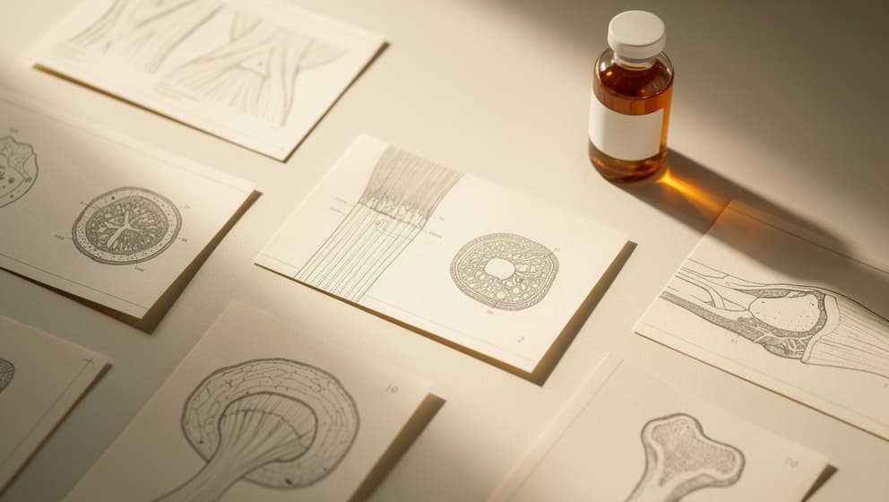 Redaksjonell stilleben av spredte anatomiske vevstverrsnittsdiagrammer på varmt papir med et enkelt forseglet amber laboratorieglass i hjørnet, varmt morgenlys
