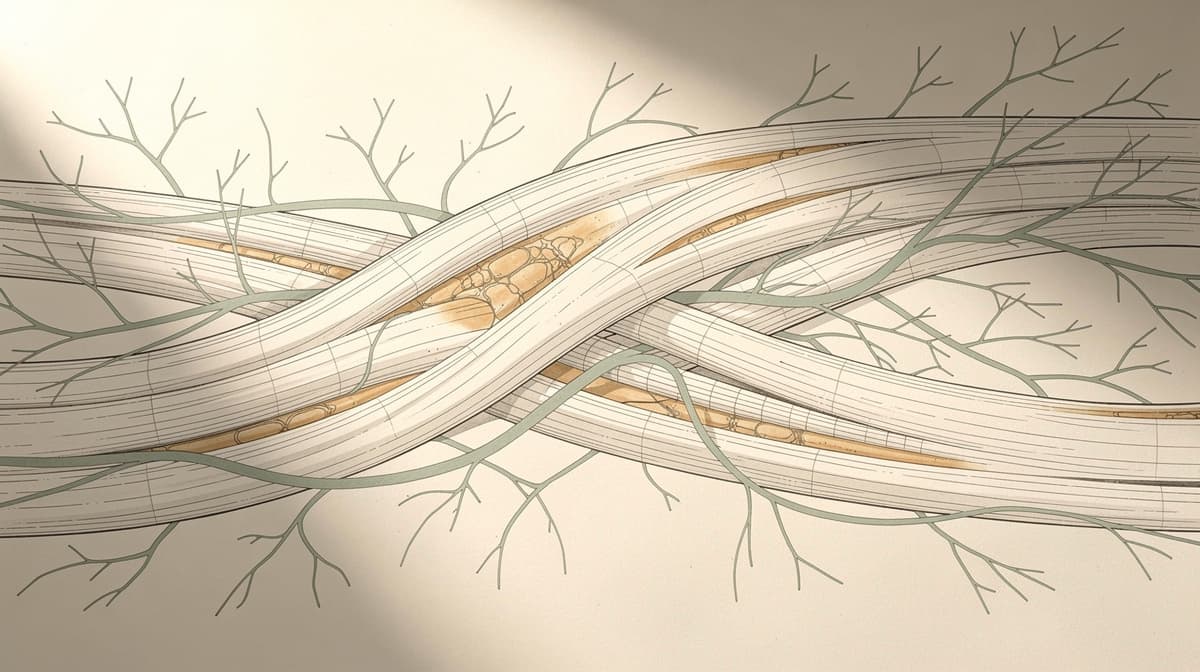 Abstract illustration of tendon collagen fibers interwoven with actin filaments, amber and sage accents, editorial line-art