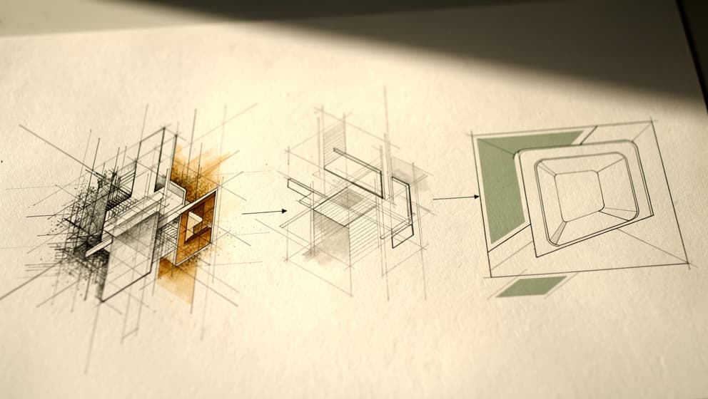 Arkitektonisk tidslinje av tre skaderehabiliteringsfaser med amber-aksent på akutt fase og sage-aksent på remodelleringsfase, redaksjonell linjekunst