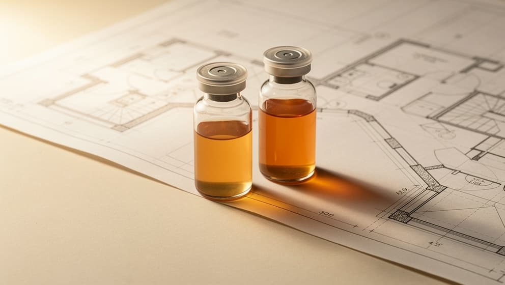 Top-down still-life of two closed laboratory vials with amber liquid in close proximity on an architectural calibration blueprint with muted tick marks