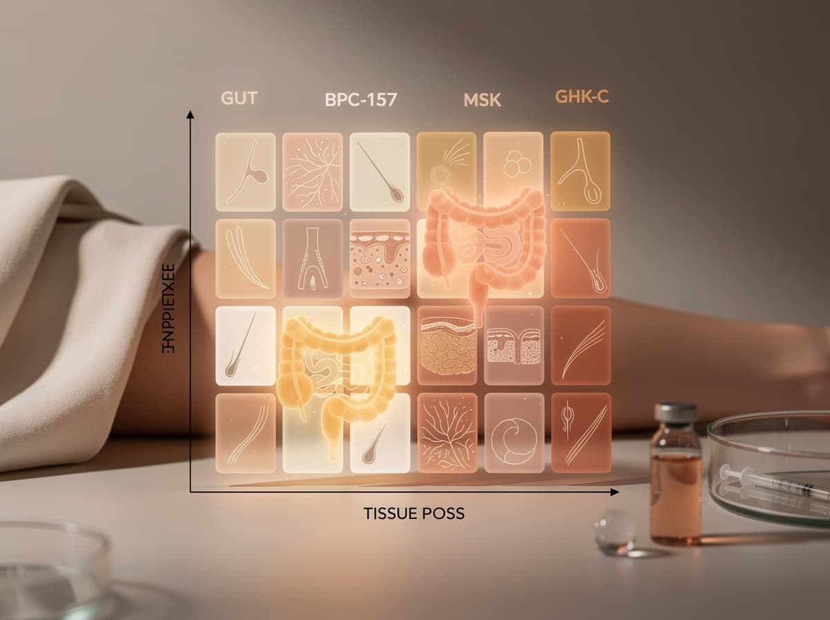 Decision matrix showing tissue-type on one axis and peptide choice on the other, with BPC-157 mapped to gut and MSK and GHK-Cu mapped to skin and hair.