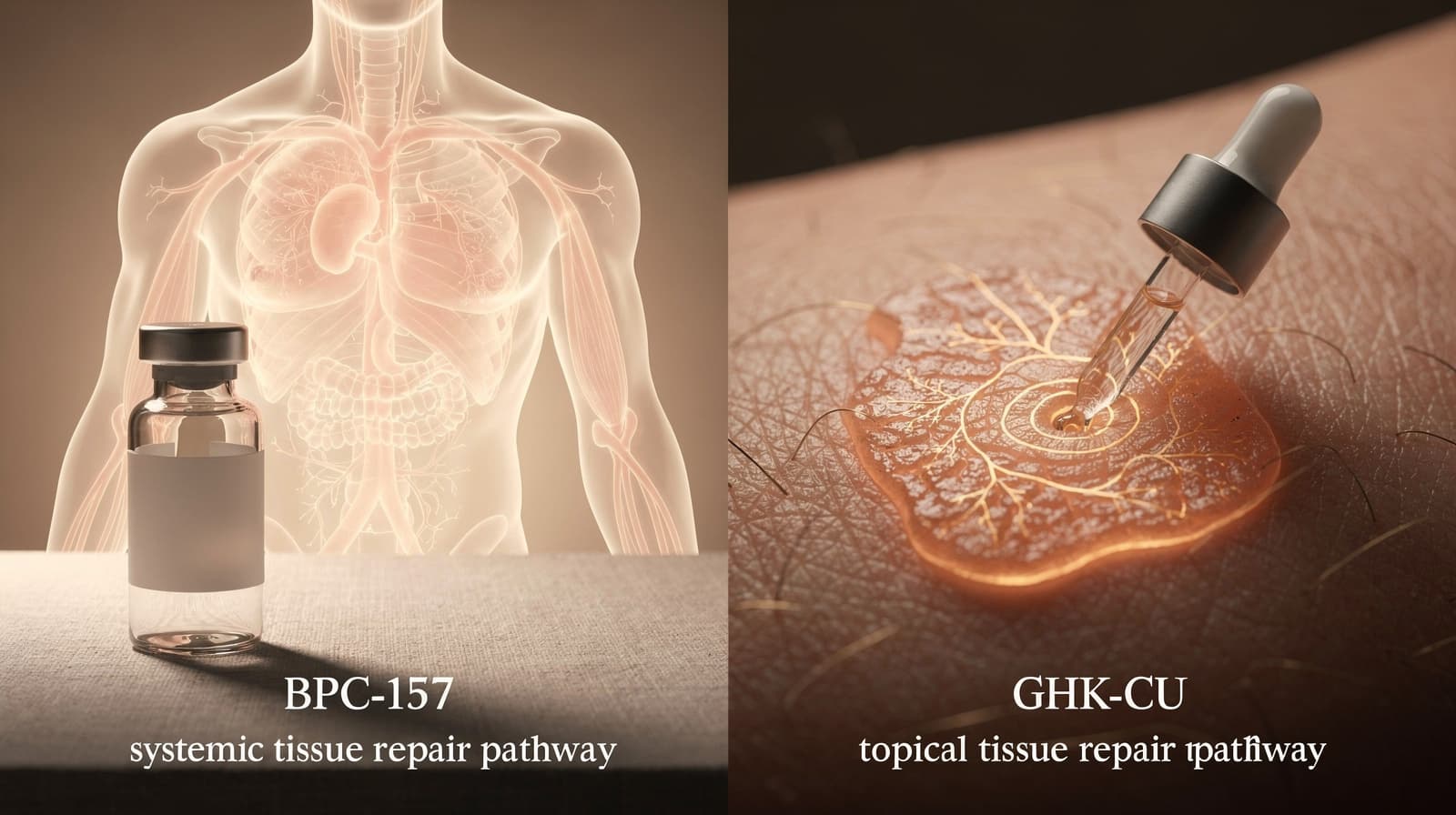 Side-by-side comparison illustration of BPC-157 pentadecapeptide and GHK-Cu copper tripeptide showing systemic vs topical tissue repair pathways.