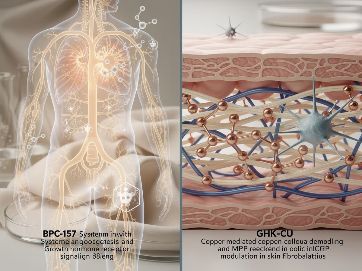 Diagram contrasting BPC-157 systemic angiogenesis and growth-hormone-receptor pathway with GHK-Cu copper-mediated collagen and MMP modulation in skin fibroblasts.