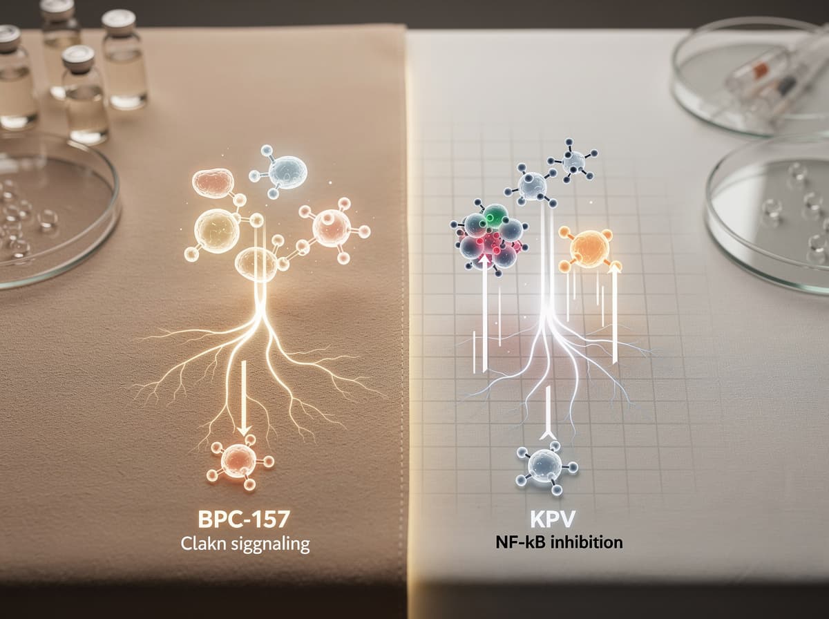 Diagram comparing BPC-157 cytoprotective pathways with KPV NF-kB inhibition pathway