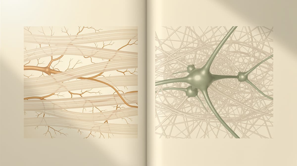Split-frame illustration with tendon collagen and amber capillaries on left, actin cytoskeleton and sage polymerization on right, editorial line-art