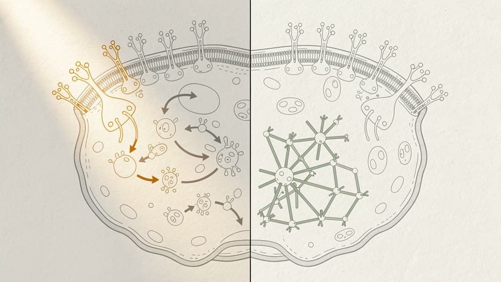 Delt cellulær illustrasjon med reseptor-pathway-aktivering til venstre og aktin-filament-polymerisering til høyre, amber- og sage-aksenter, symmetrisk komposisjon