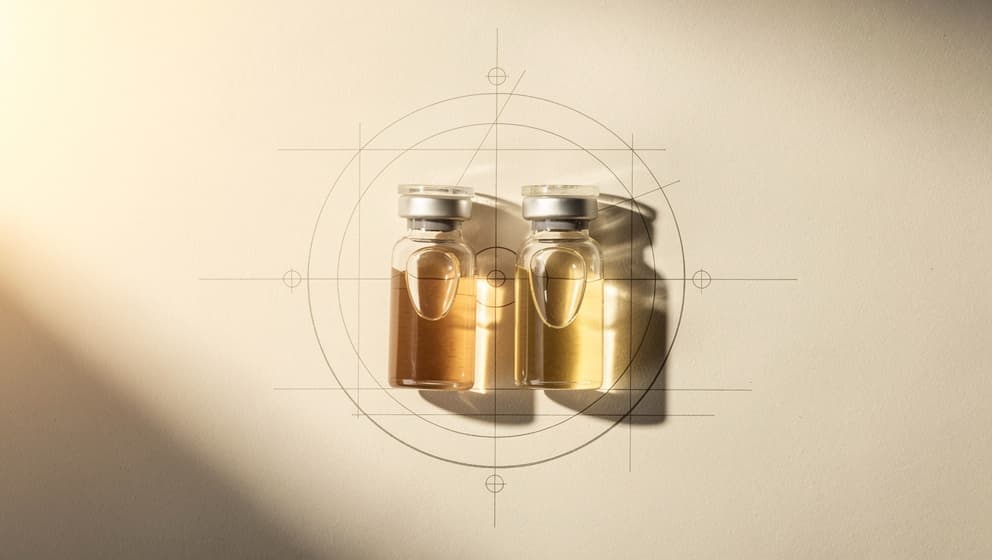 Top-down still-life of two closed laboratory vials with pale amber liquid side by side with architectural calibration geometry between them