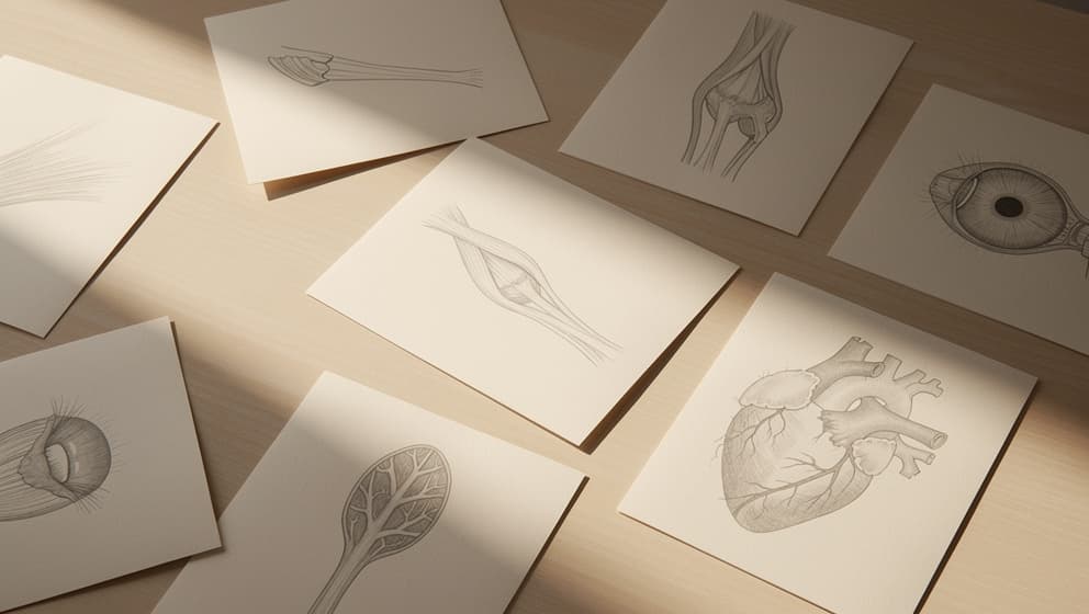 Ovenfra redaksjonell stilleben av spredte anatomiske linjetegninger av sene, leddbånd, hjertevev og hornhinne i et rutenett, forskningsdesk-estetikk