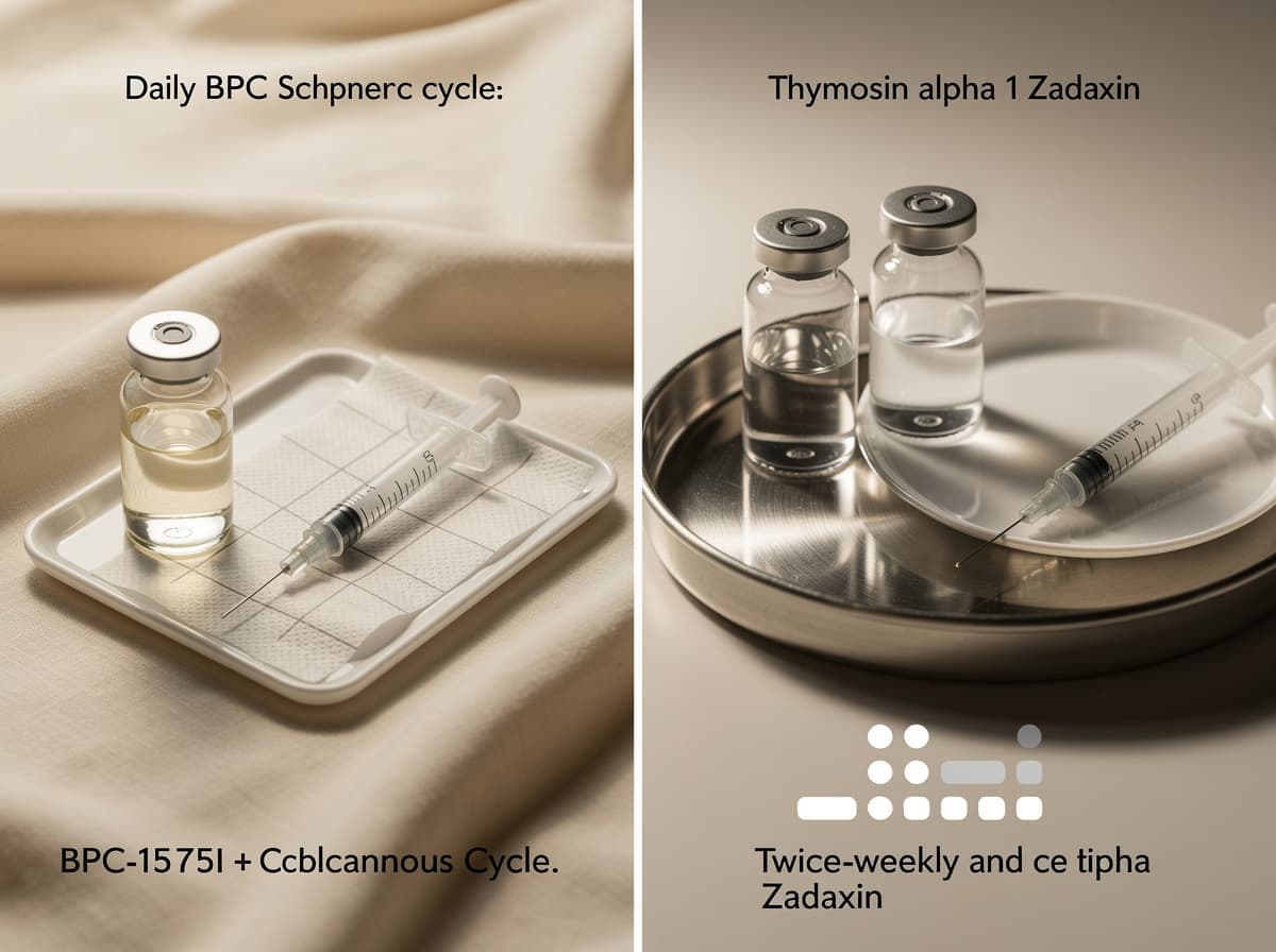 Sammenlignende doseringsskjema: BPC-157 daglig subkutan syklus versus thymosin alfa-1 to ganger ukentlig Zadaxin-plan.