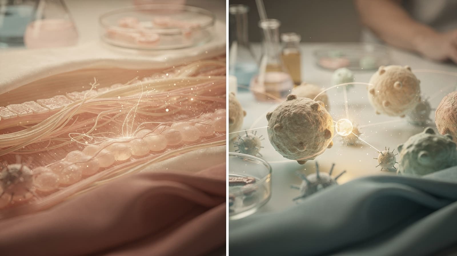 Todelt illustrasjon som sammenligner BPC-157 sin vevsreparasjonsvei med thymosin alfa-1 sin T-celle immunmodulasjonsvei.