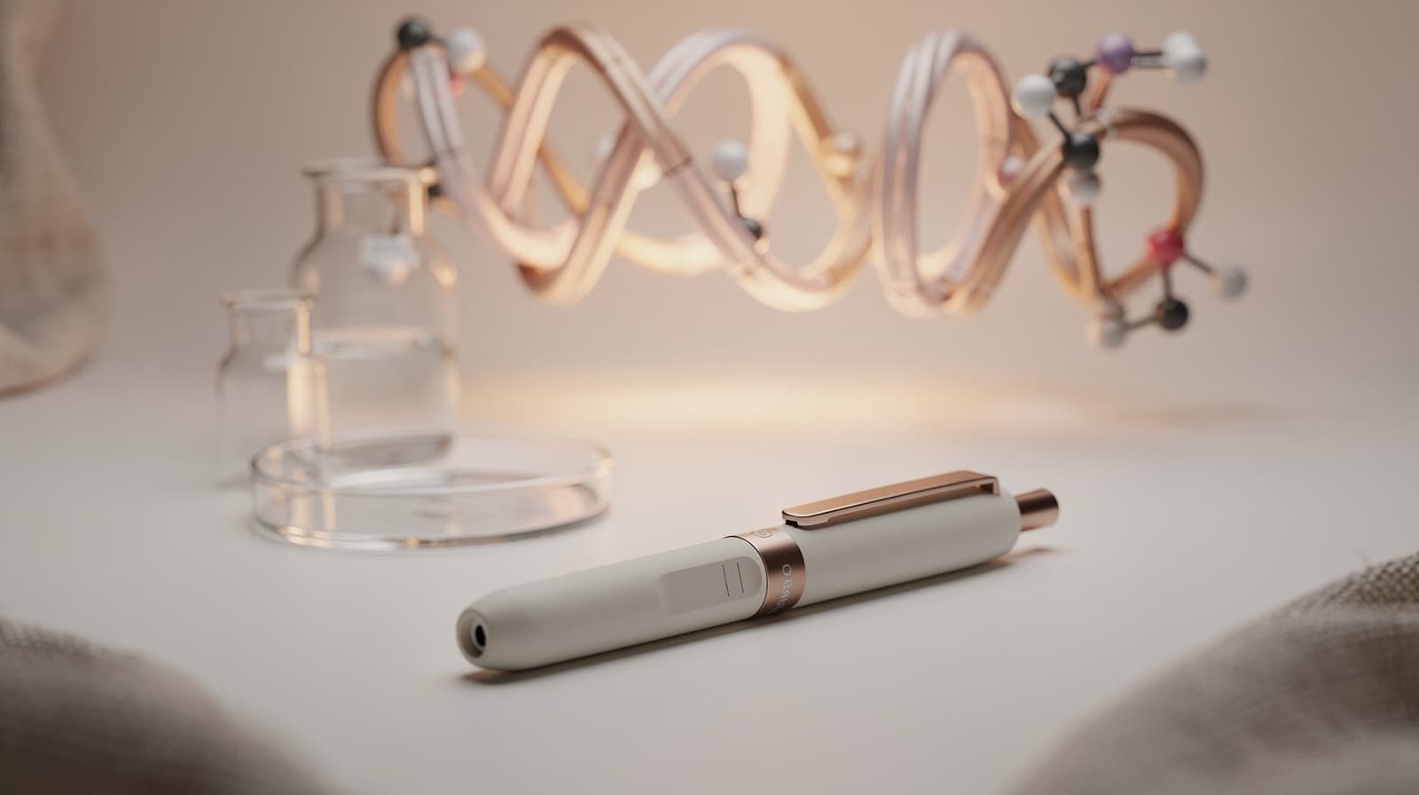 Editorial illustration of the cagrilintide amylin analog peptide structure with a once-weekly subcutaneous injection pen on a clinical surface.