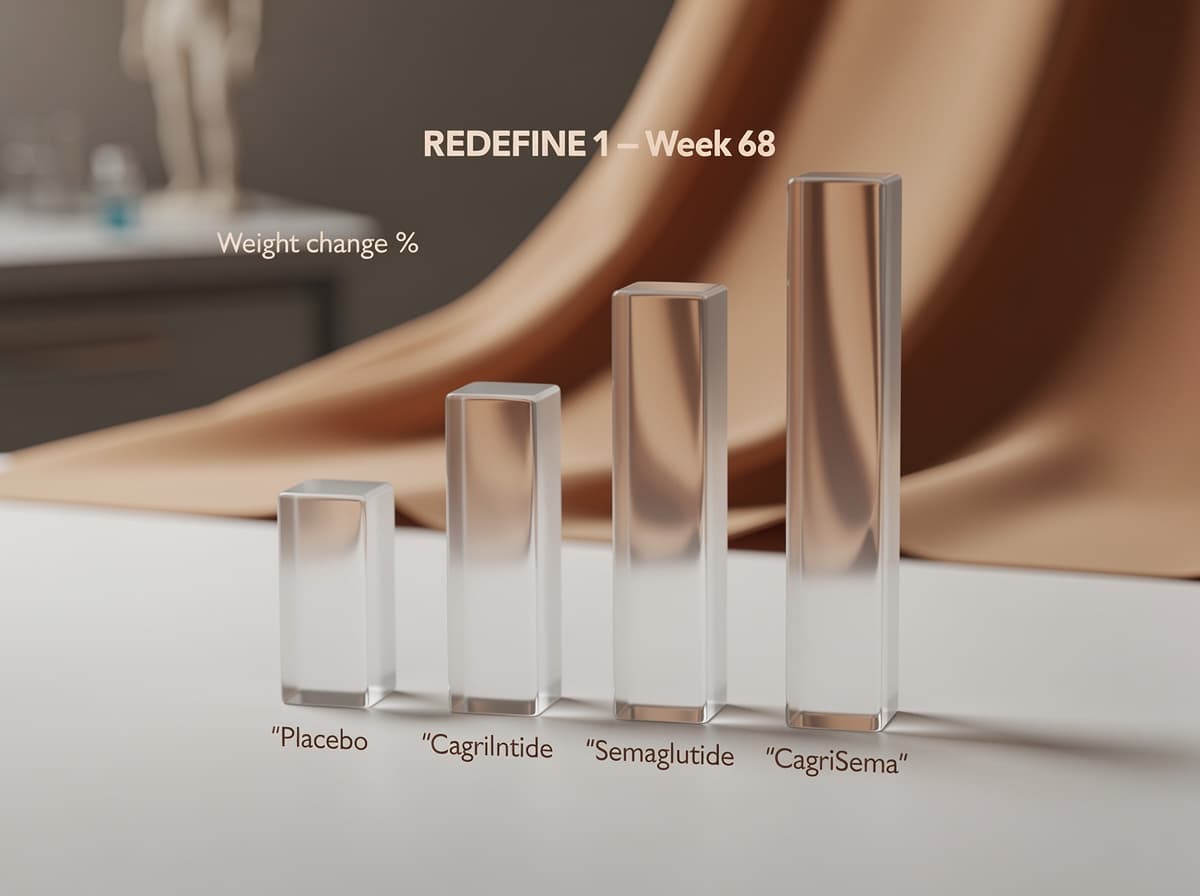Bar chart of REDEFINE 1 trial weight loss results comparing CagriSema, semaglutide, cagrilintide, and placebo at week 68.