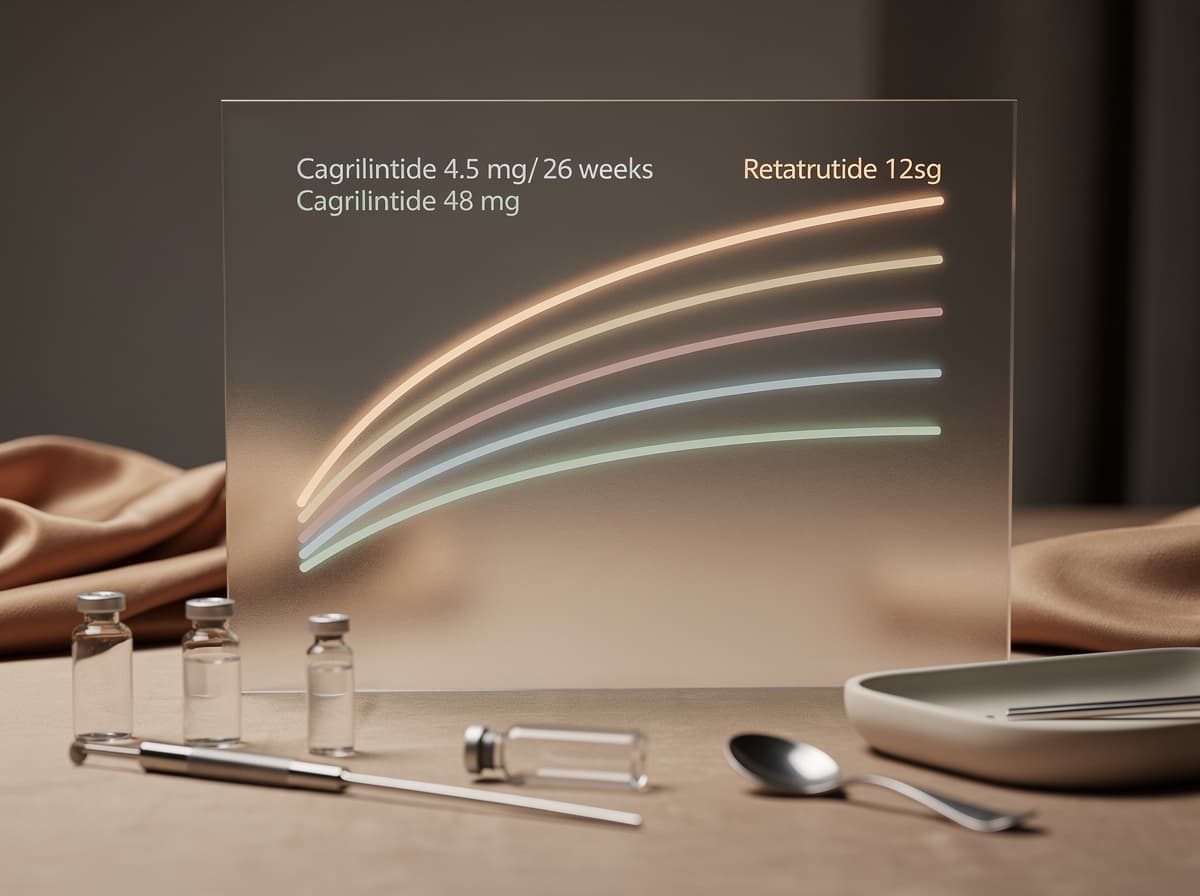 Vekttapskurver som sammenligner kagrilintid 4,5 mg ved 26 uker med retatrutid 12 mg ved 48 uker mot placebobaselinjer.