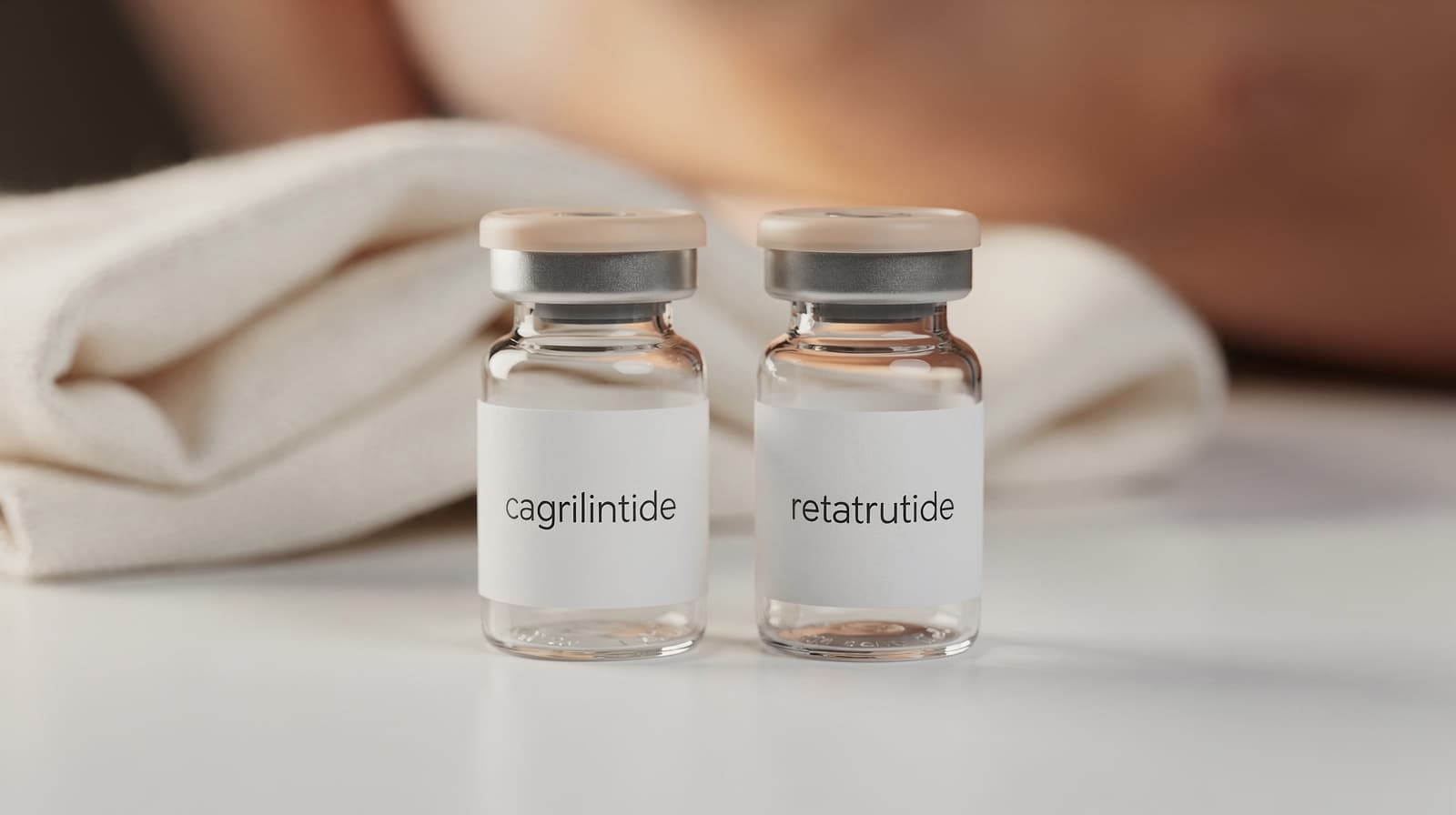 Two labelled vials side by side on a clinical surface representing cagrilintide and retatrutide phase 2 weight-loss comparison.
