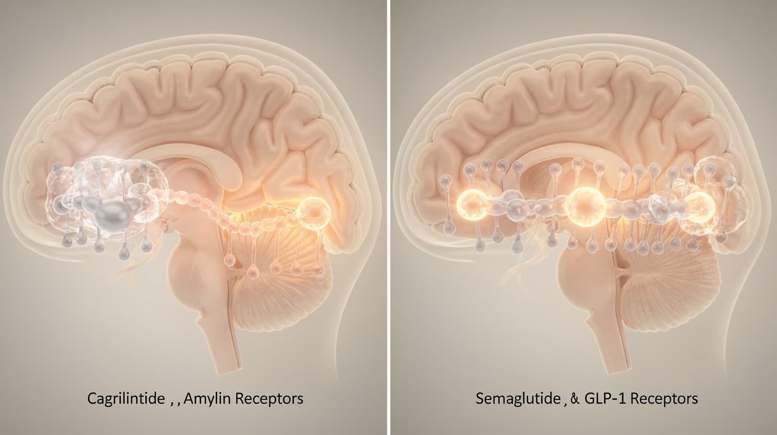 Skjematisk sammenstilling av kagrilintid som binder amylinreseptorer og semaglutid som binder GLP-1-reseptorer i hjernestammen og hypothalamus.
