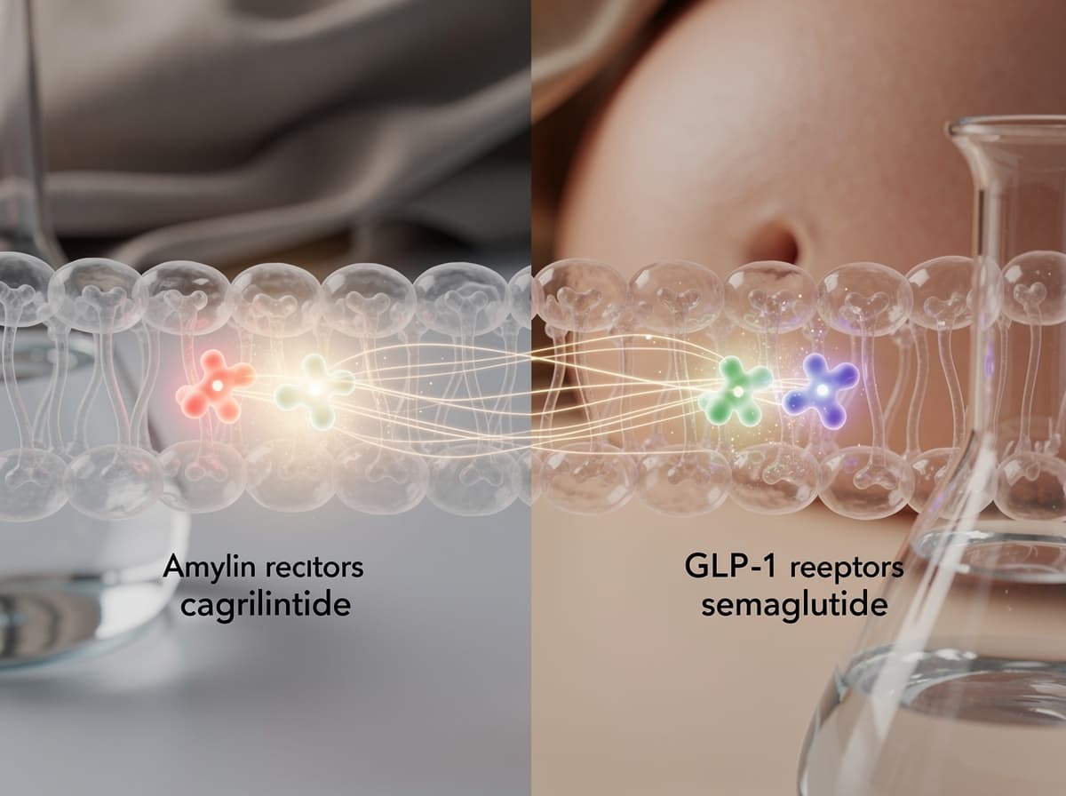 Diagram som sammenligner amylinreseptorsignalering ved kagrilintid med GLP-1-reseptorsignalering ved semaglutid.