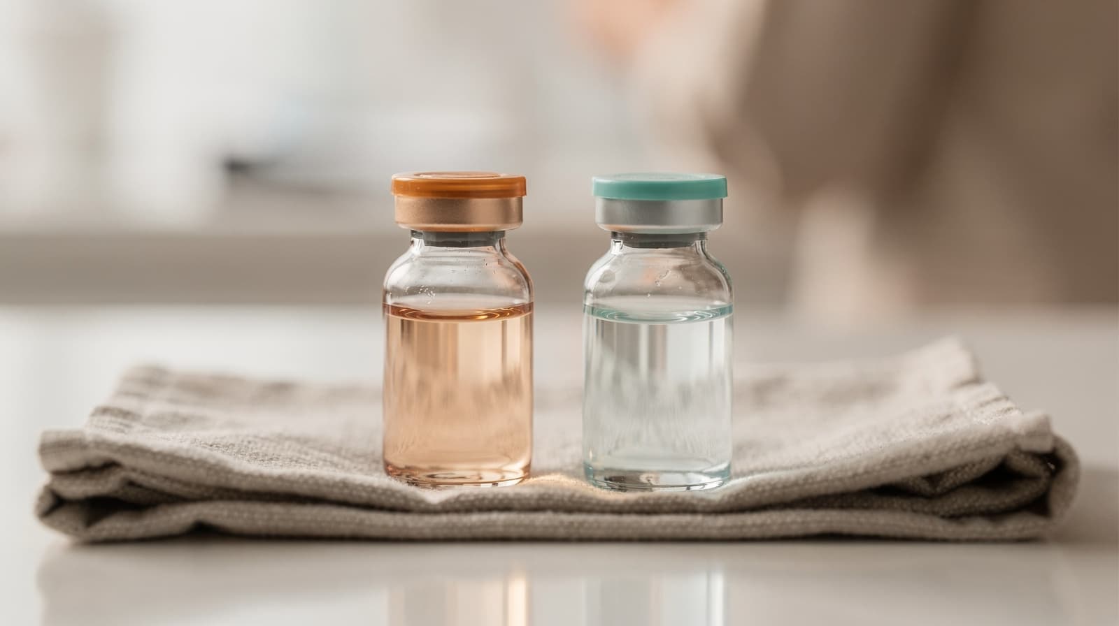 Two labeled vials representing cagrilintide and tirzepatide on a clean lab surface, illustrating an amylin vs dual incretin comparison.