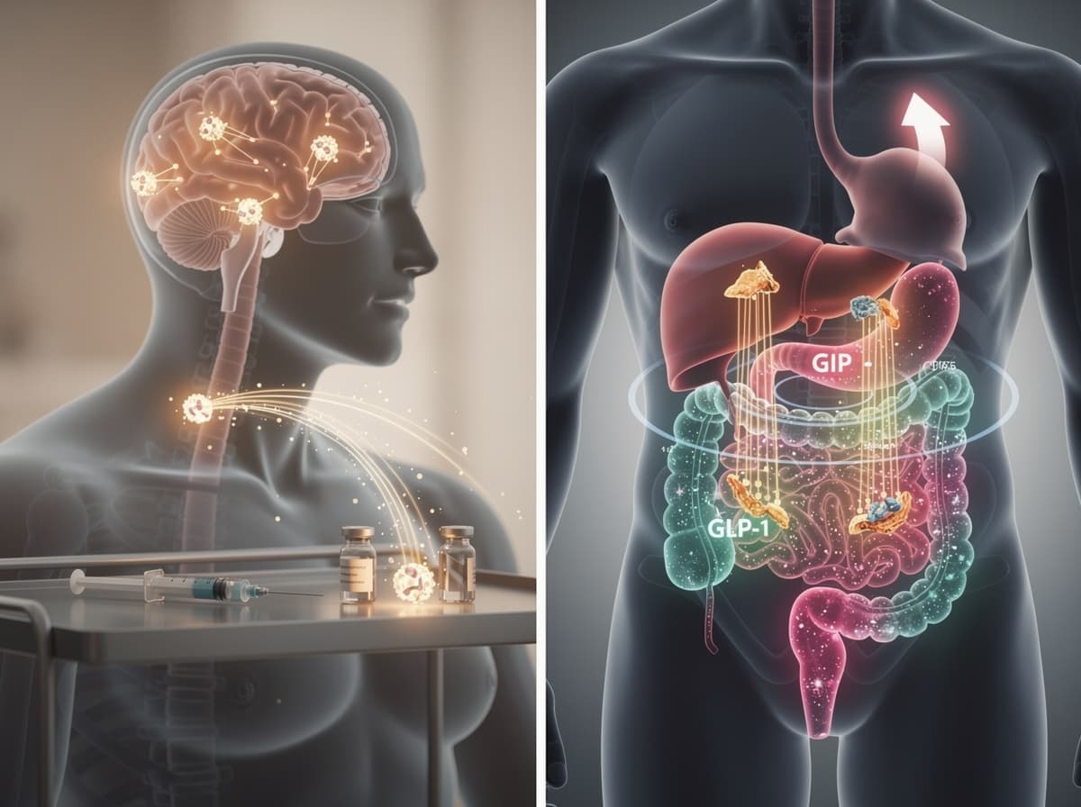 Side-by-side mechanism diagram showing cagrilintide acting on hindbrain amylin receptors and tirzepatide activating GIP and GLP-1 receptors.