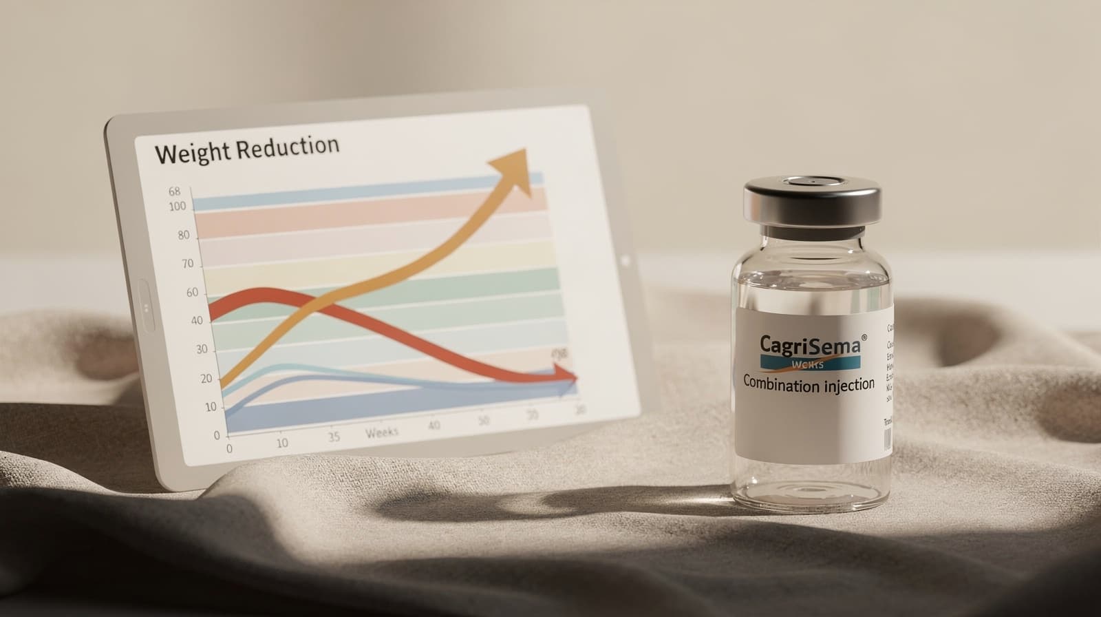 Clinical vial of CagriSema combination injection alongside REDEFINE trial chart showing weight reduction across 68 weeks.