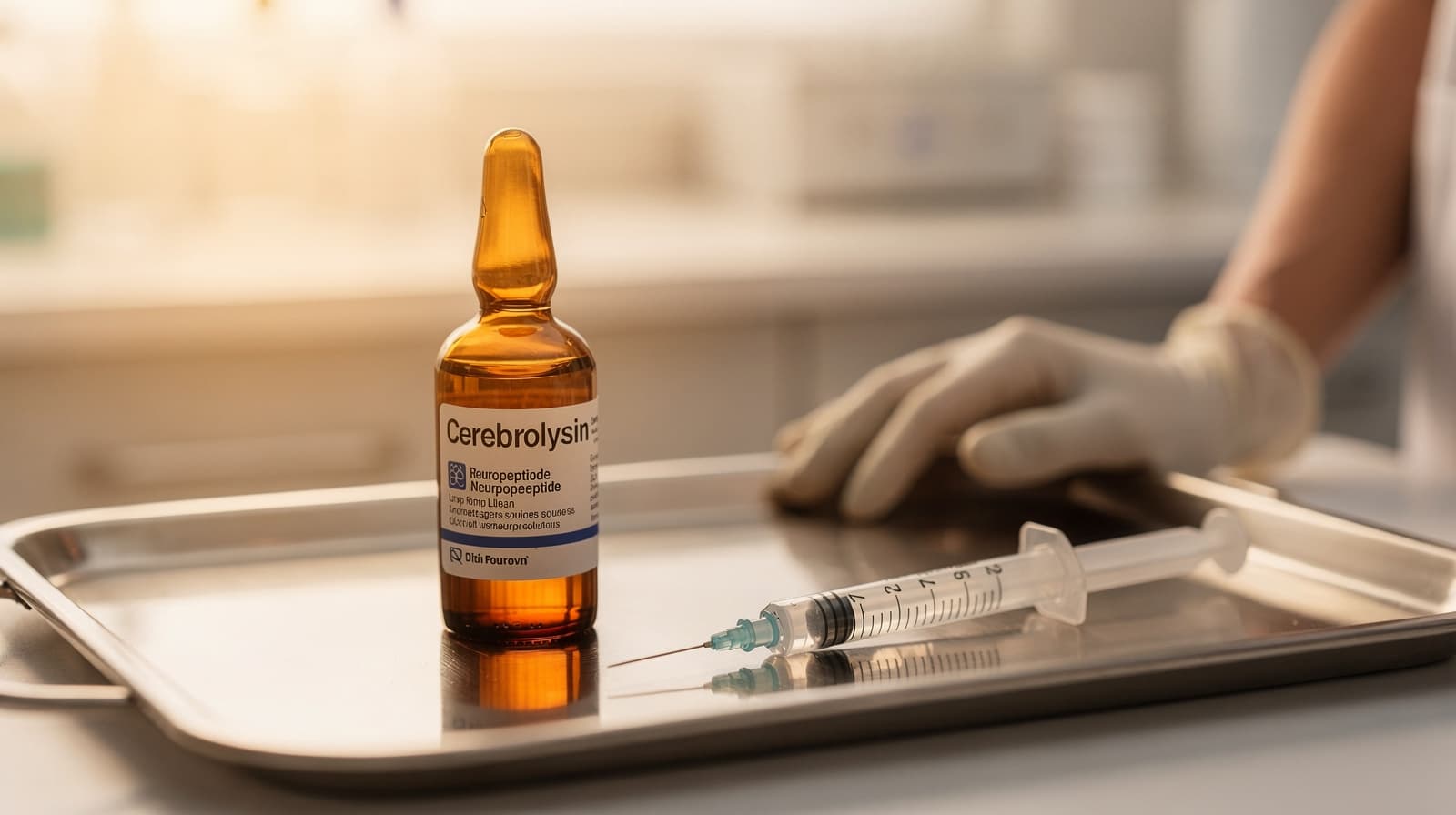 Amber glass ampoule of Cerebrolysin neuropeptide solution on a clinical tray with a syringe and gloved hand in soft laboratory light.