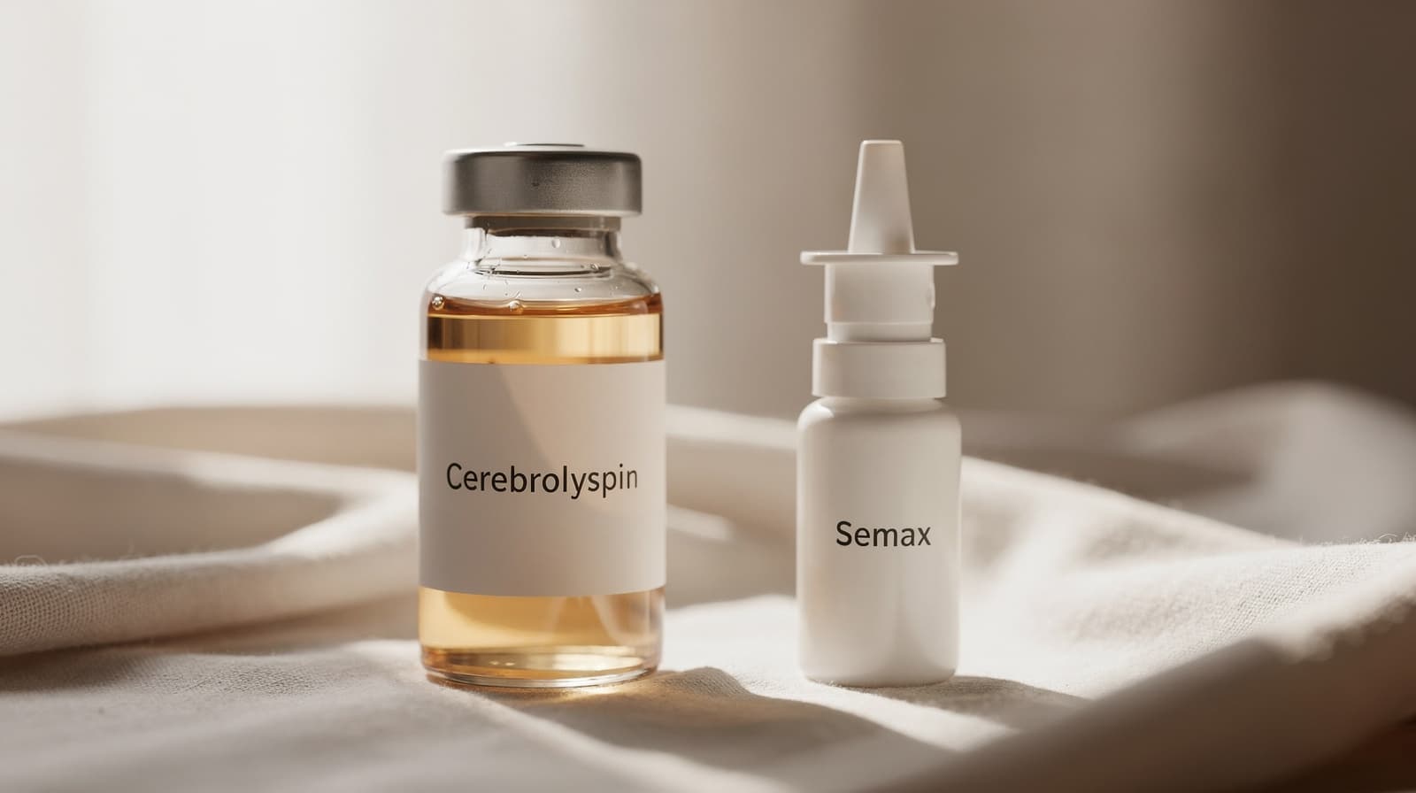 Skjematisk sammenstilling av Cerebrolysin IV-hetteglass og Semax intranasal spray som illustrerer nevrotrofisk peptidsammenligning.