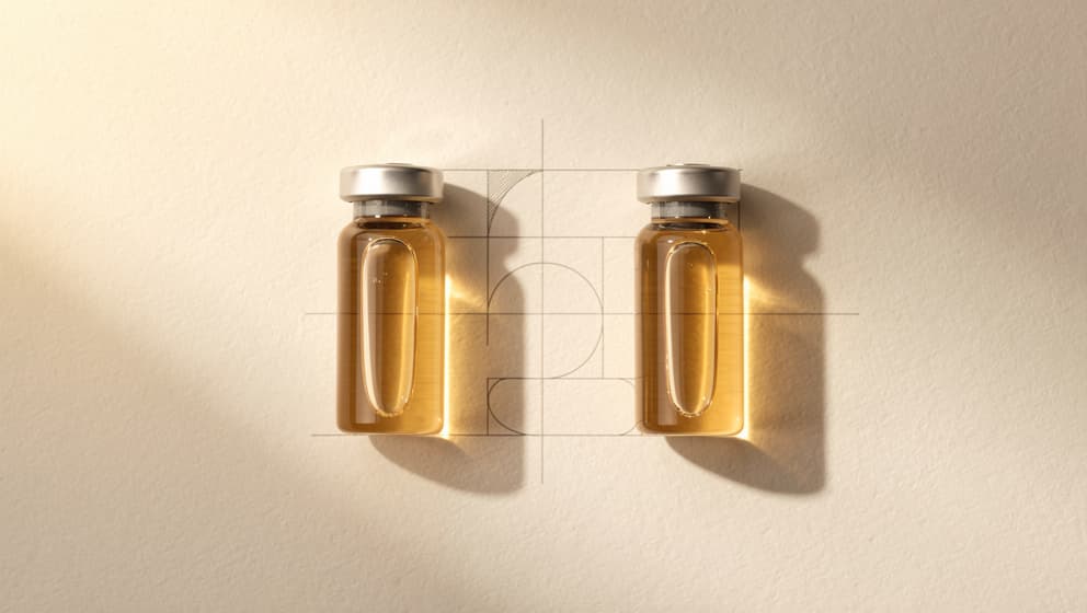Top-down still-life of two closed laboratory vials with pale amber liquid arranged symmetrically with architectural calibration geometry between them