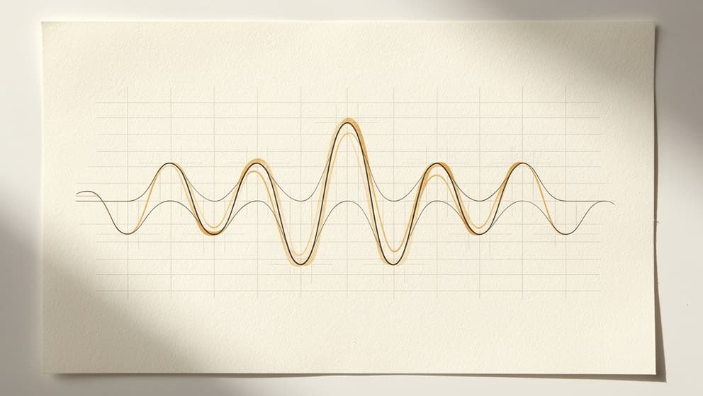 Architectural line-art chart of a pulsatile growth hormone waveform with rhythmic amber-accented peaks on off-white paper, minimal editorial scientific aesthetic