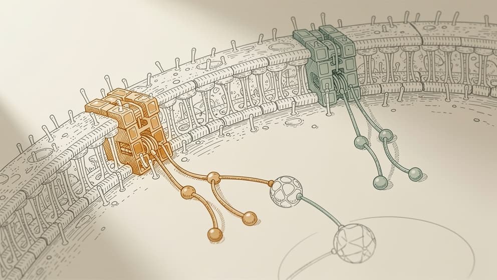 Abstract cellular illustration of a pituitary somatotroph with two distinct receptors receiving different signaling peptides, amber and sage accents, synergistic concept