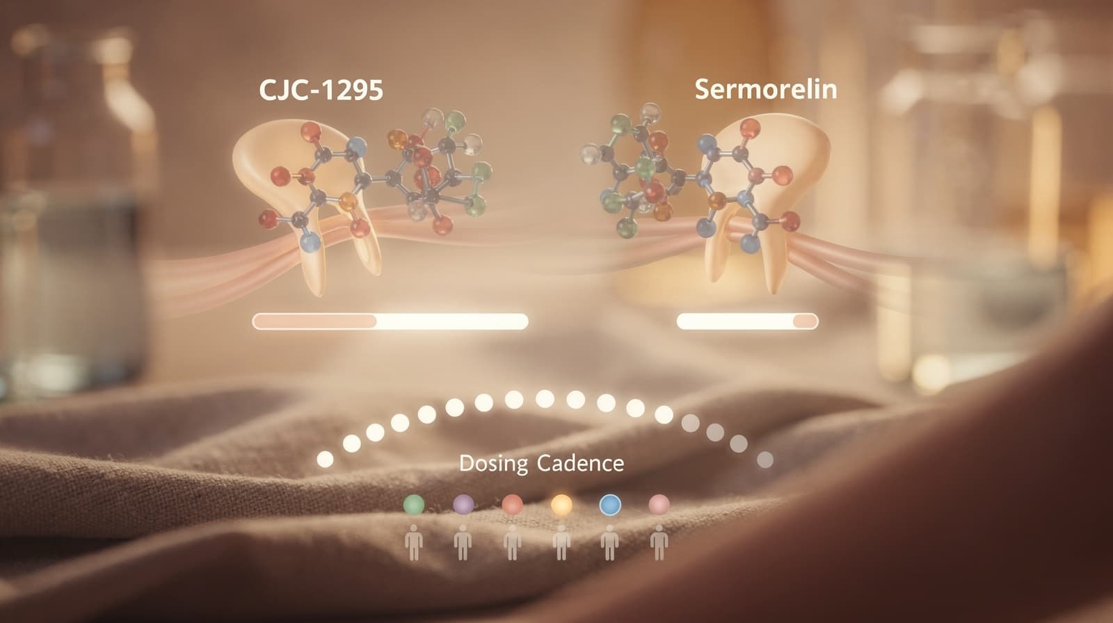 Side-by-side schematic of CJC-1295 and sermorelin molecules with GHRH receptor binding, half-life timelines, and weekly vs nightly dosing cadence.