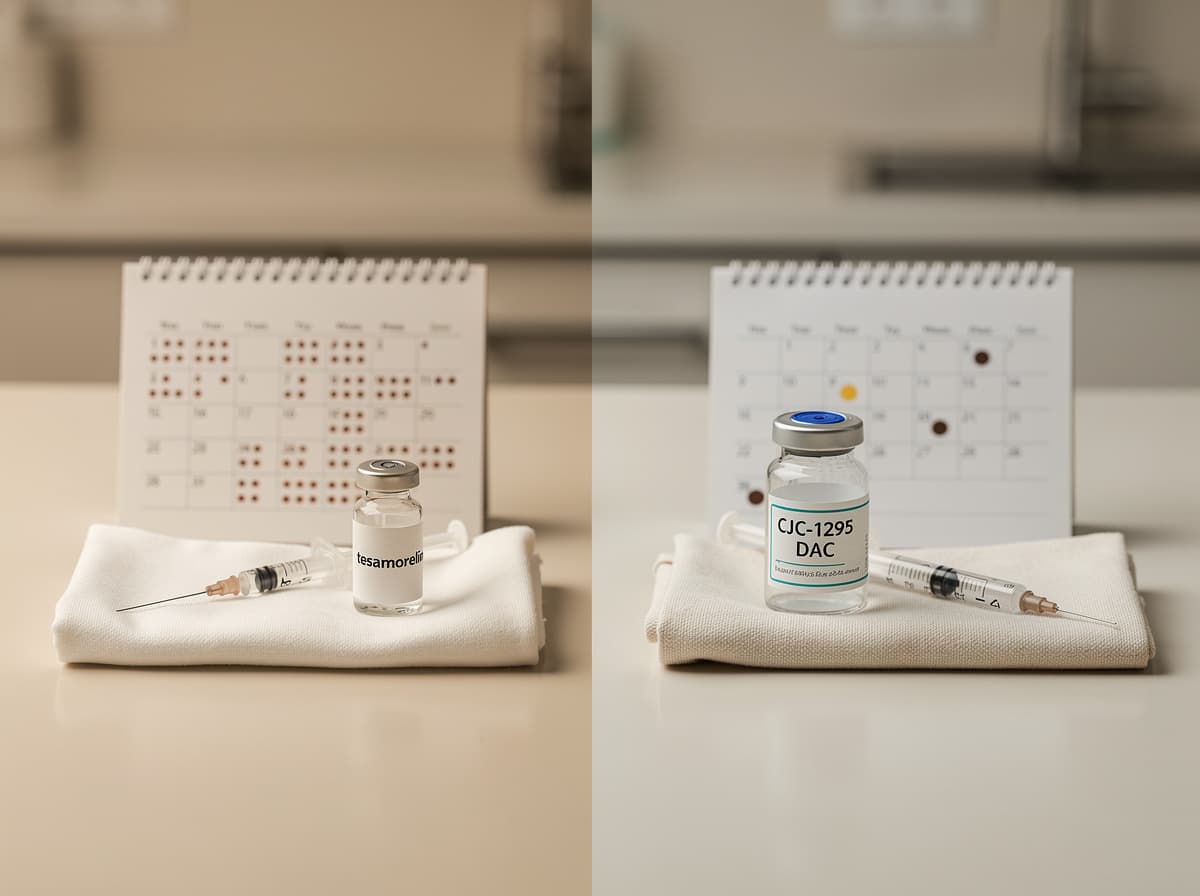 Comparison chart of injection cadence: tesamorelin daily versus CJC-1295 DAC weekly subcutaneous dosing.