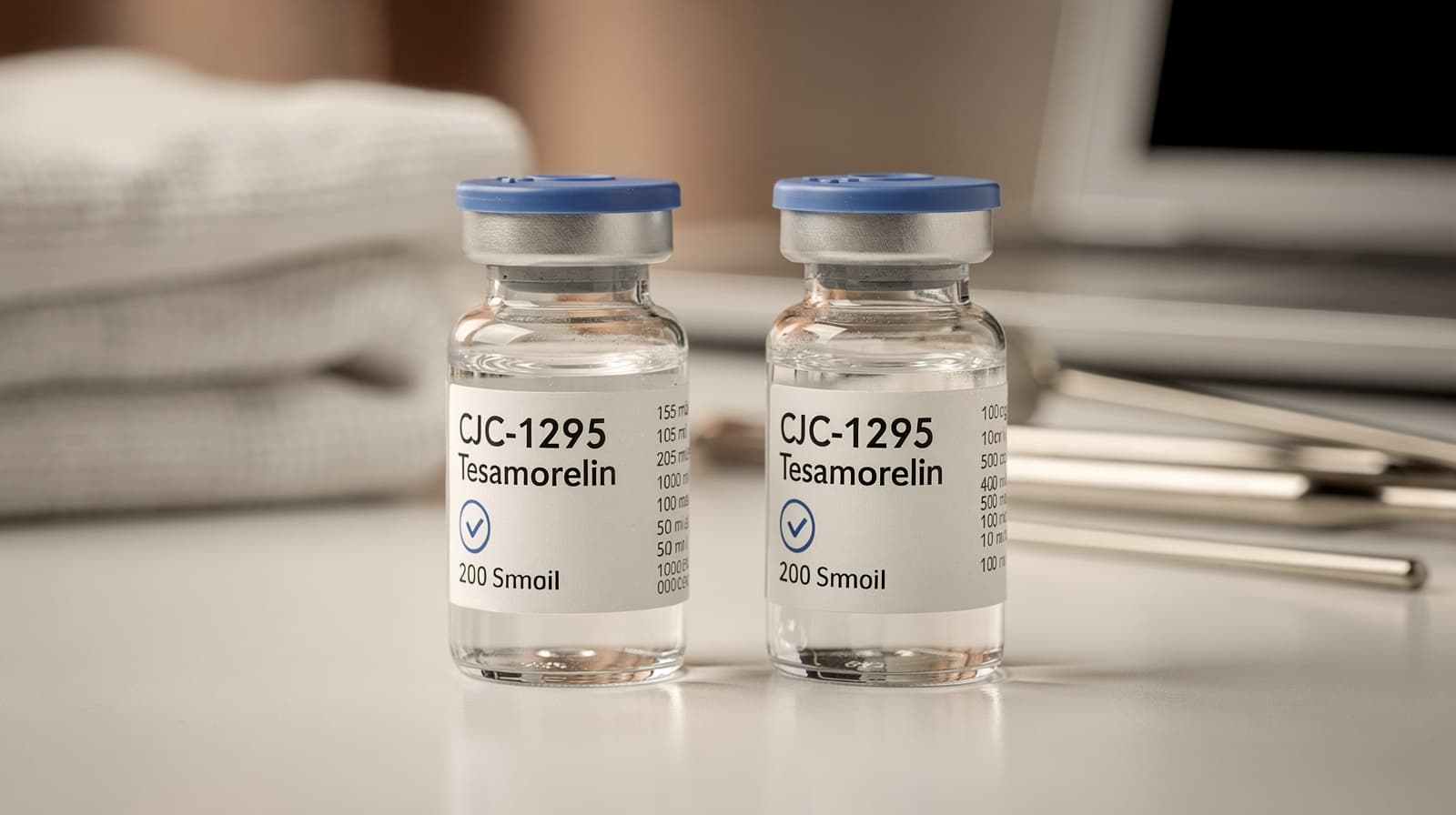 Side-by-side comparison of CJC-1295 and tesamorelin vials with annotated half-life and FDA approval status on a clinical bench.