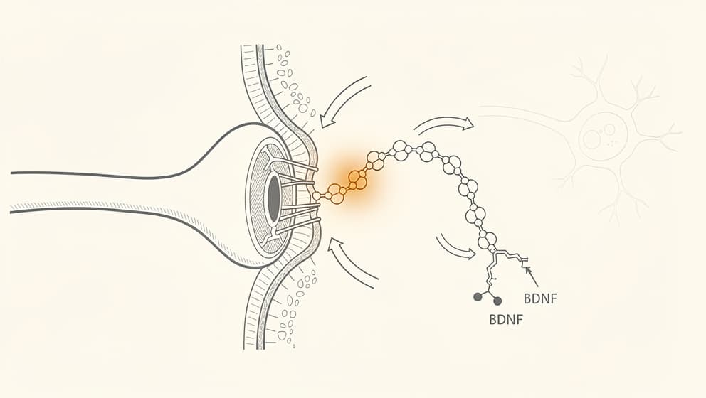 Minimal editorial line-art diagram showing a peptide binding a neuronal receptor, triggering BDNF release and new synaptic spine formation, with a soft amber highlight on the receptor