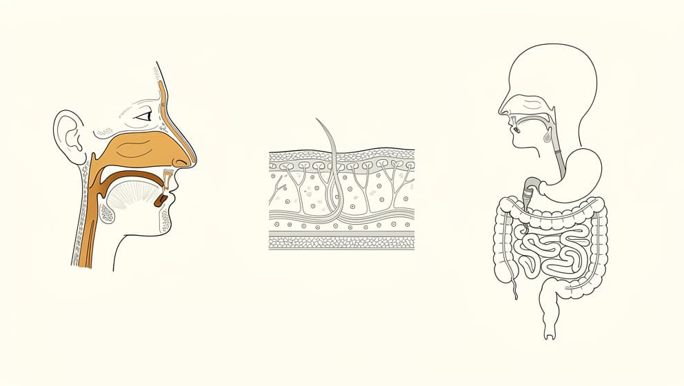 Abstrakt anatomisk linjetegning som viser tre distinkte peptid-administrasjonsveier, med varm ravgul aksent på den intranasale ruten som omgår blod-hjerne-barrieren