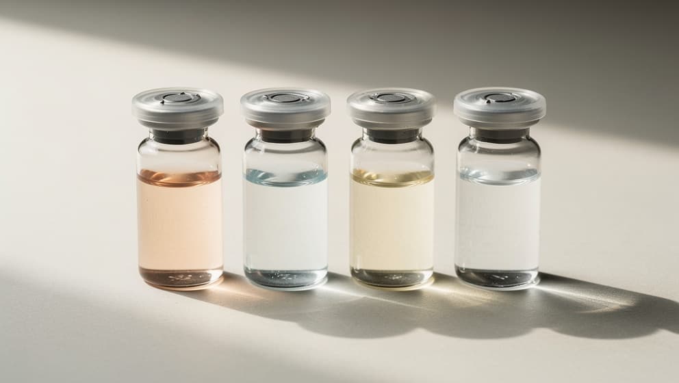 Fire ulike laboratorieglass-hetteglass oppstilt i en ren horisontal rekke på off-white papir med mykt retningsbestemt lys, som representerer Semax, Selank, DSIP og Cerebrolysin
