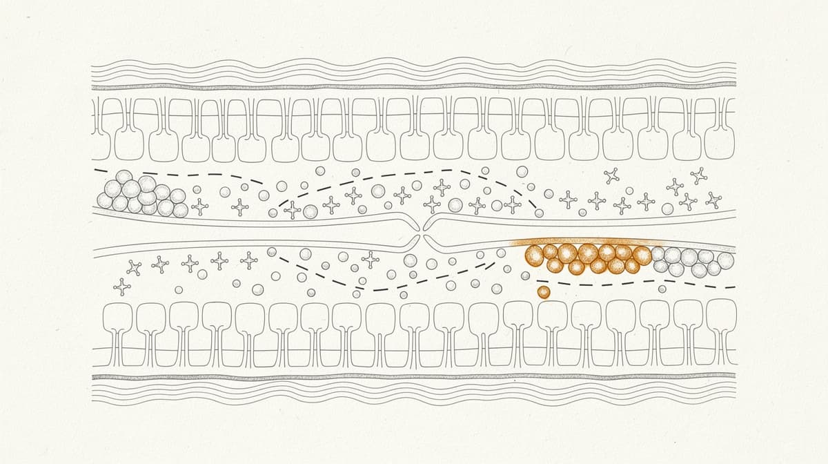 Abstract editorial illustration of a neuron synapse with peptide molecules crossing the gap, soft clinical palette with warm amber receptor accent