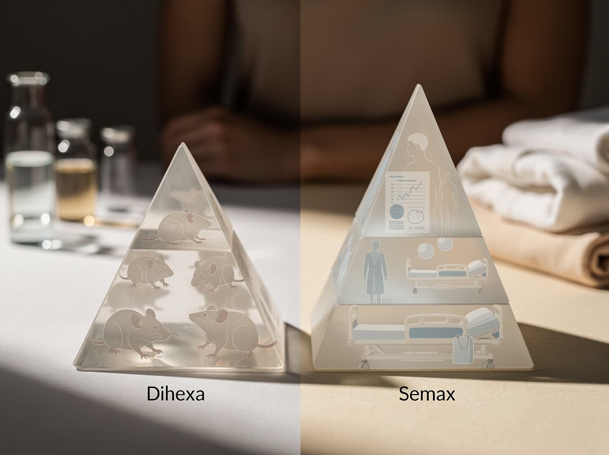 Evidence pyramid comparing Dihexa preclinical-only rodent data to Semax multi-decade Russian clinical record including stroke recovery trials.
